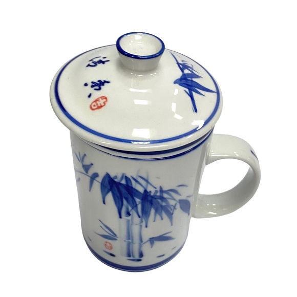 World Market 3 Pc Tea Cup Mug Strainer Lid Set Blue White Ceramic China - EUC - Picture 5 of 13